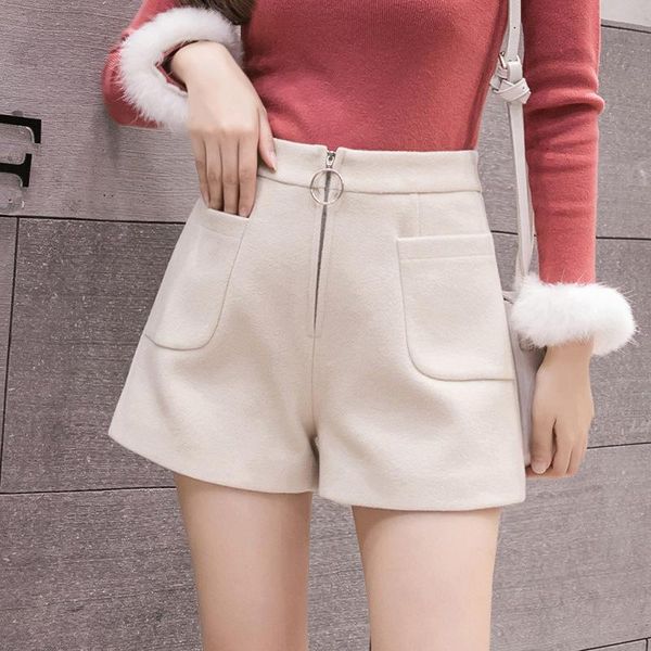 

women's shorts s-2xl high waist woolen women for ladies 2021 winter loose casual korean booty pocket autumn mujer, White;black