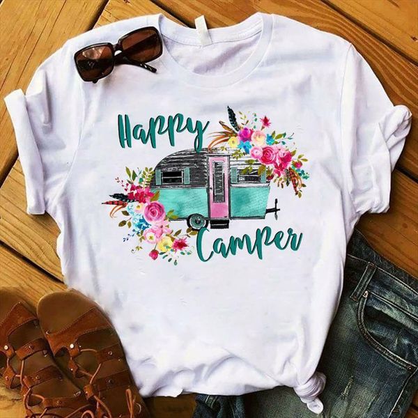 

happy camper floral printed womens short sleeve tee clothes graphic, White