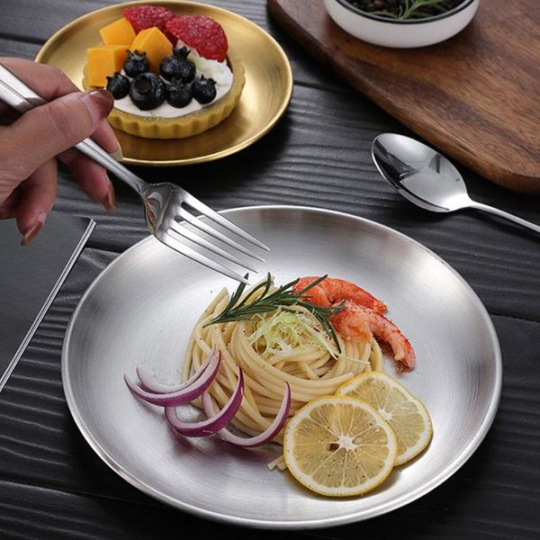 

dishes & plates stainless steel dining plate golden round tray cake western steak makeup european style tablewares kitchen tools