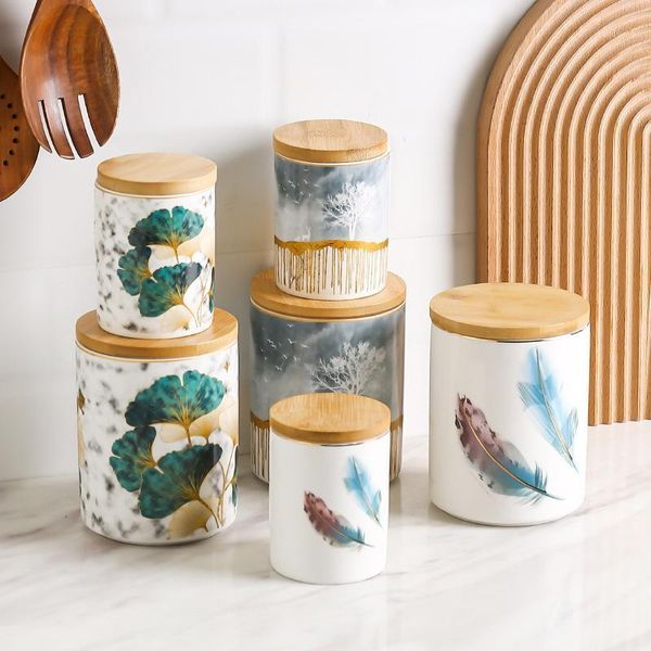 

250-650ml dandelion feather ginkgo leaf storage jar ceramic sealing tape bamboo lid seasoning coffee bean milk powder sugar box bottles & ja