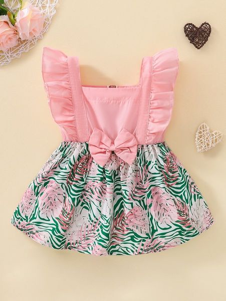 

baby ruffle trim bow front allover print hem dress she, Red;yellow