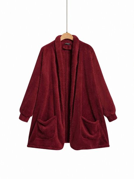 

plus dual pocket open front teddy coat n2xu#, Black