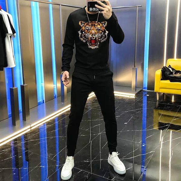 

men's tracksuits male diamond shiny sweatshirt track suit hip-hop streetwear pure cotton winter oversized hoodie + pants, Gray