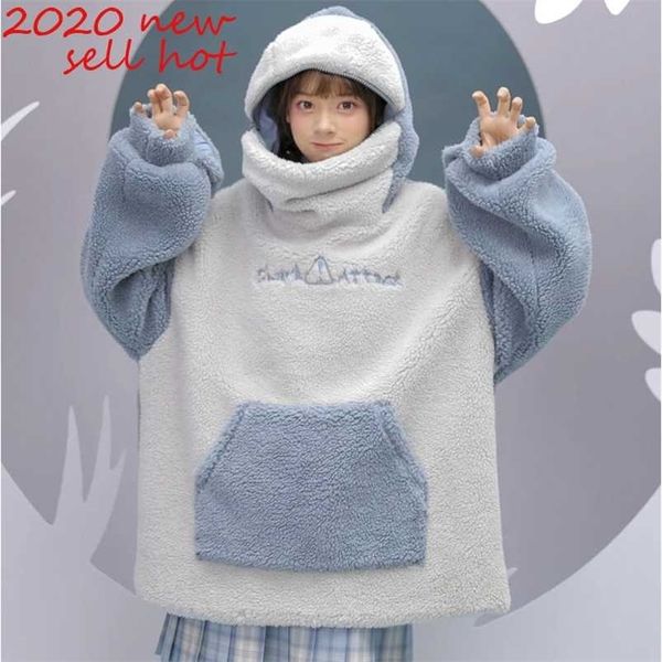 

harajuku aesthetic shark anime hoodie woman korean kawaii crewneck long sleeve oversized streetwear kpop fall winter clothes 211027, Black