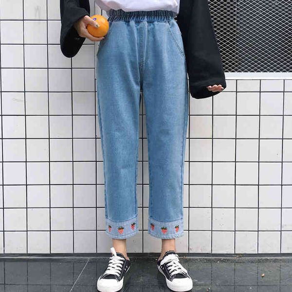 

denim beautiful summer pant sweet girl harem ankle jeans lolita length strawberry elastic embroidery tall straight waist, Blue