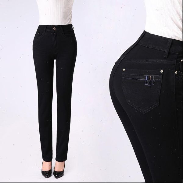 

autumn winter high waist womens jean stretch skinny black plus size denim push up mom, Blue