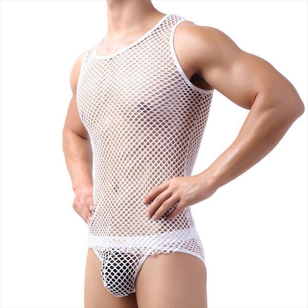 

mens fishnet see through stretchy vest tank lingerie undershirt sleeveless male nightwear underwear, White;black