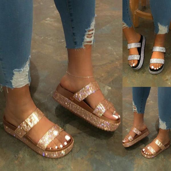 

dress shoes rhinestone sandals women summer slippers open toe big size sandal beach slides gold silver, Black