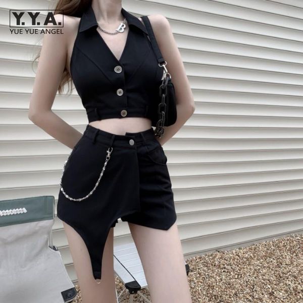 

women's tracksuits summer women 2 piece set backless vest jacket cropped chain asymmetrical shorts streetwear gothic matching sets, Gray