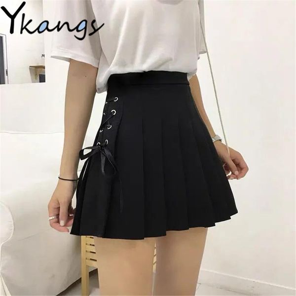 

women summer fashion harajuku high-waist pleated a-line skirt black frenulum gothic plus size short skirts streetwear vestido