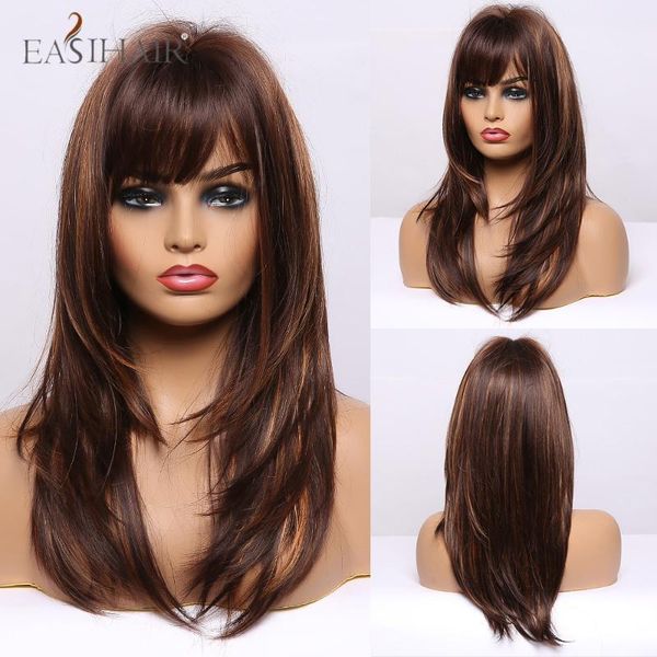 

medium long dark brown straight golden highlight synthetic wigs with bang heat resiatant cosplay female for women1, Black