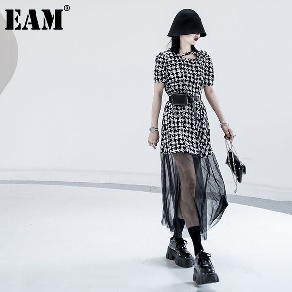 

[eam] women black casual bow spliced mesh dress square neck short sleeve loose fit fashion spring summer 1dd8789 21512, Black;gray