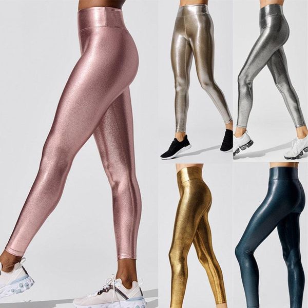

yoga outfit water silver stretch high waist hip lifting european station bronzing solid color casual pants pencil leggings