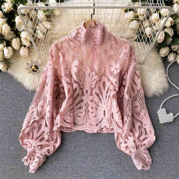 

spring fashion blouse female hollow lantern sleeve temperament blusa stand-up collar slim short lace shirt c342 210507, White