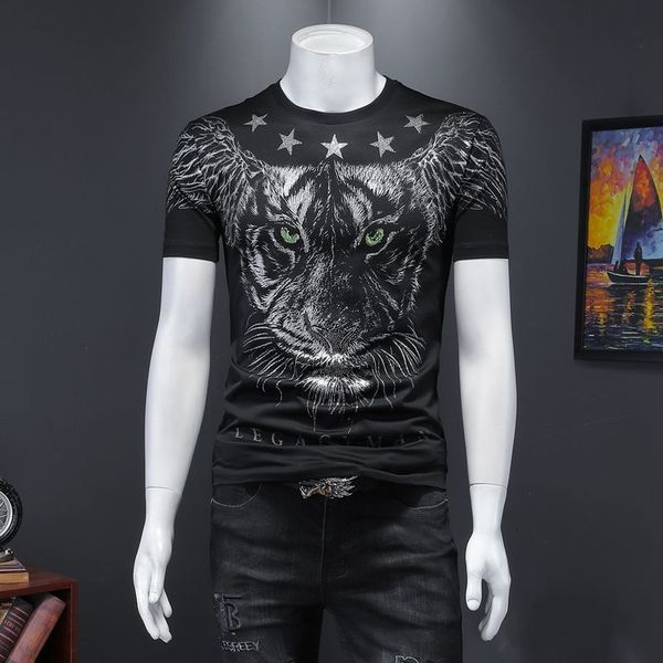 

men's polos tiger head drilling t-shirt short sleeve social club outfits star men tshirt camisetas tee shirt homme 73mq, White;black