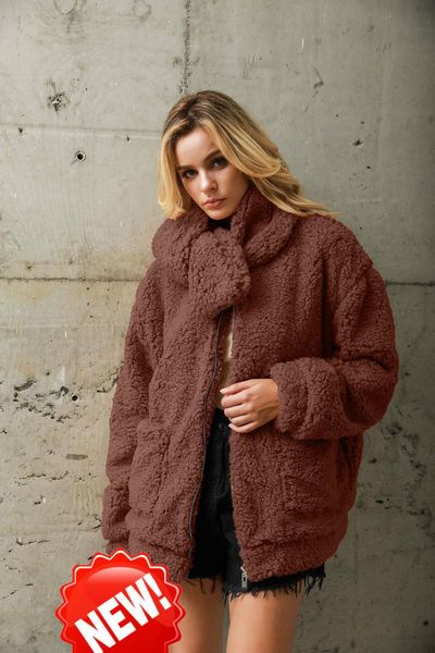 

women's fur & faux women collar plush coat long sleeve loose plus size jacket casual fluffy warm girls brown winter windbreaker overcoa, Black