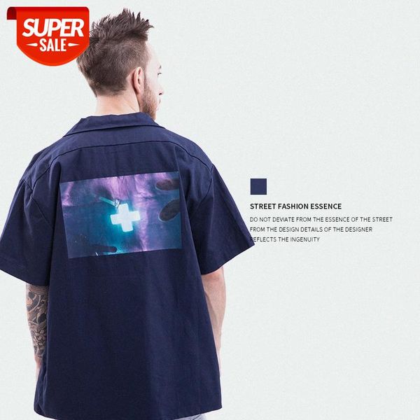 

18 men's p+f retro creative workwear back reflective printed shirt #oc5c, White;black