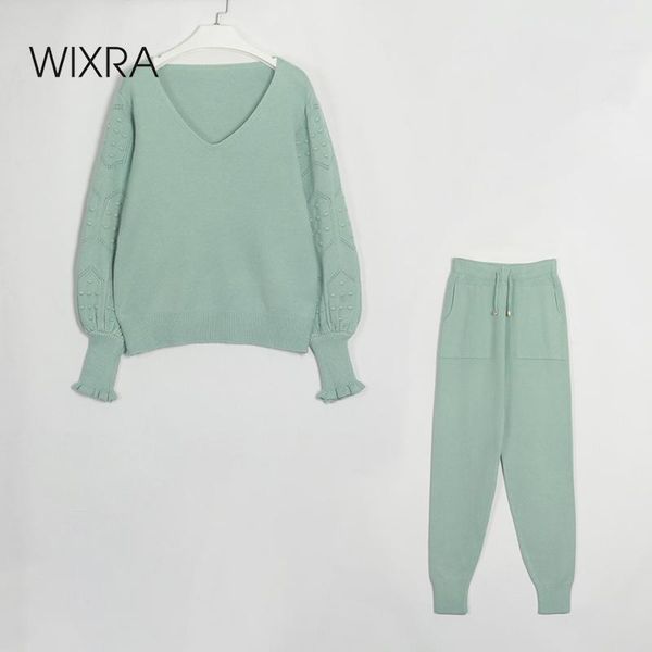 

women's two piece pants wixra women sweater suit 2 set solid pullovers v neck jumper and knit soft knitted streetwear retro 2021 autum, White