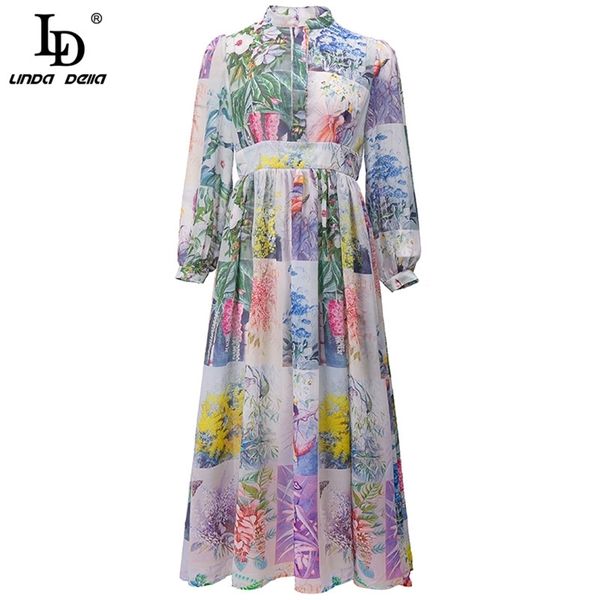 Desenhador de moda verão vestido de férias mulheres lanterna manga cintura alta multicolor floral impressão vintage longo 210522