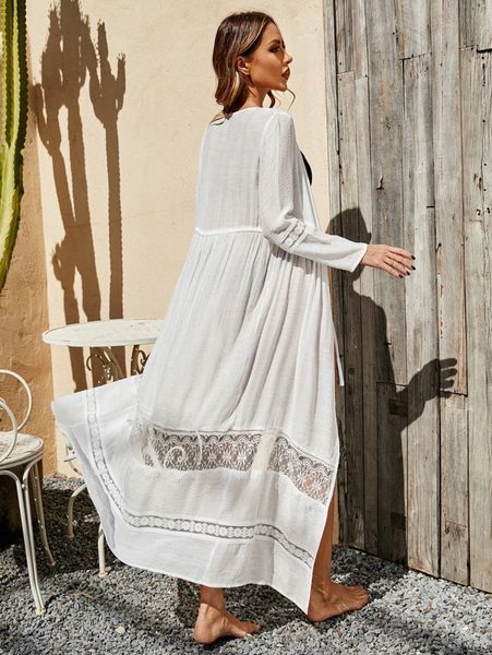 

contrast lace tie front kimono x1ml#, White;black