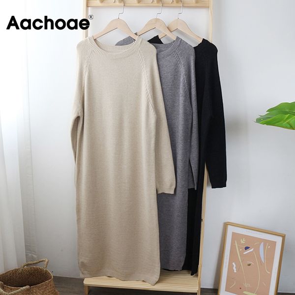 

2021women autumn loose long dresses 2021 solid o neck knitted sweater dress female long sleeve casual dress robe femme, Black;gray