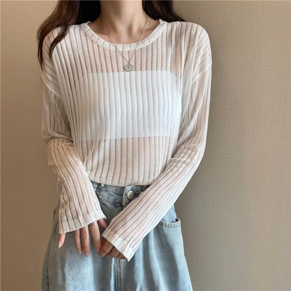 

women's t-shirt high elasticity short ladies long sleeve loose solid tshirt summer round neck thin knitwear street, White