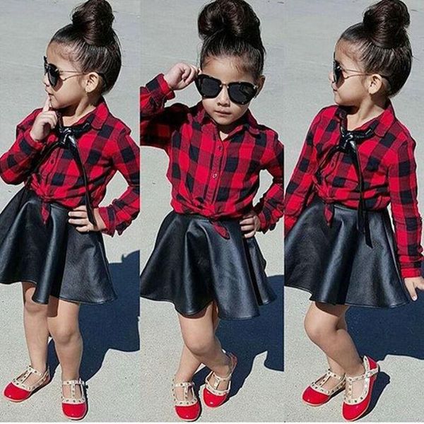 

clothing sets 2pcs fashion girls kids red plaid long sleeve shirt leather pu skirt summer stylish kid outfits clothes, White