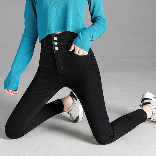 

women's jeans retro waist stretch skinny jeans, fashion button pencil pants, mom, Blue