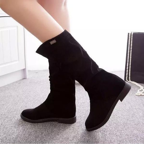 

boots autumn winter women matte flock for female ladies height increased low heel shoes lady mid calf high plue 40, Black