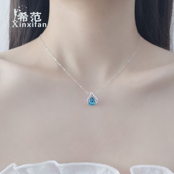 

s925 sterling silver necklace full blue diamond water drop pendant women's korean version exquisite blue crystal elegant, Black