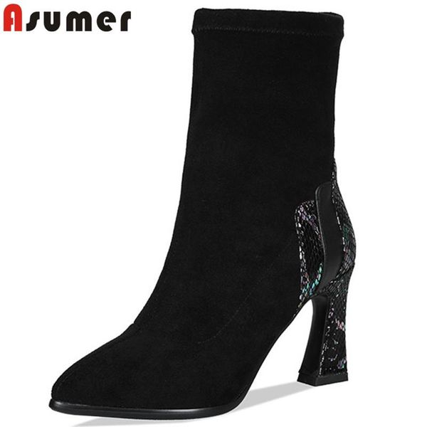 

boots asumer 2021 arrive suede leather ankle women pointed toe slip on autumn winter high heels ladies party shoes, Black