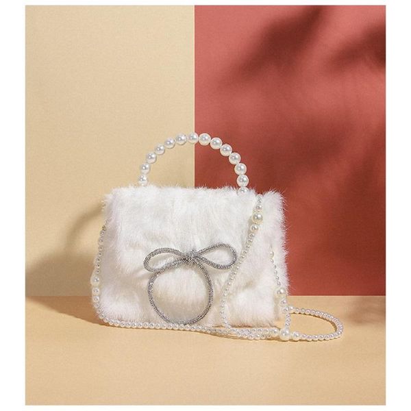 

plush lady bag pearl handbag fashion ladylike rhinestone bow chain crossbody waist bags