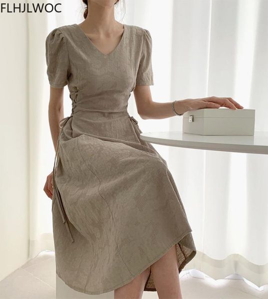 

casual dresses cotton linen long dress summer slim waist a line temperament lady retro vintage cute korean chic women vestidos, Black;gray
