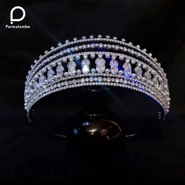 

hair clips & barrettes parmalambe luxury crowns for women full cubic zirconia headdress european bridal pearl tiara wedding jewelry ph0001, Golden;silver
