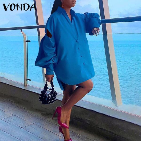 

casual dresses long sleeve shirt dress 2021 vonda holiday women party mini lapel button down hollow out vestidos oversized robe, Black;gray
