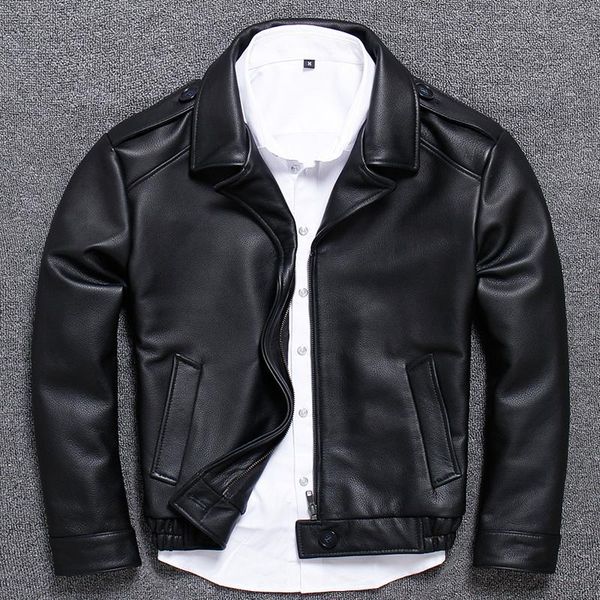 

men's leather & faux head layer cowhide clothing male pilot jacket short fund lapel genuine locomotive serve business real, Black