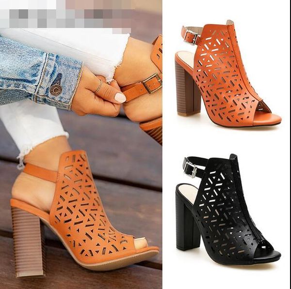 

dress shoes arrive woman hollow style roman open toe chunky high heel slingback sandal real po orange black color