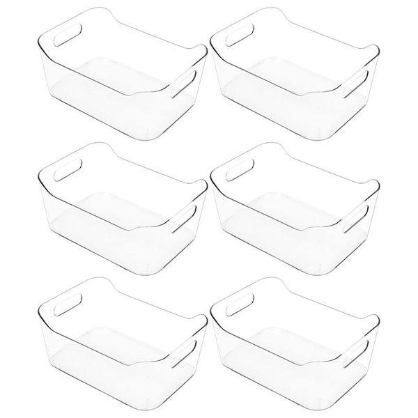 

refrigerator organizer bins 6 pack - clear small plastic fridge with handle for er, cabinet, cupboard storage bottles & jars