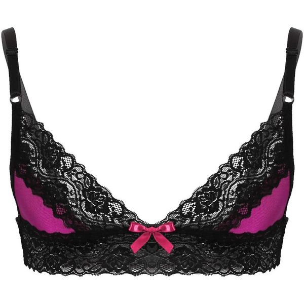 

bras iefiel mens gay erotic sissy lingerie club parties spaghetti straps floral lace trim wire-unlined bra, Red;black