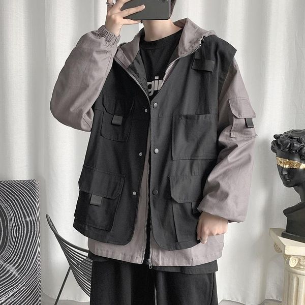 

spring pocket jacket men's fashion retro casual hooded jackets mens streetwear korean loose hip-hop bomber men m-3xl, Black;brown