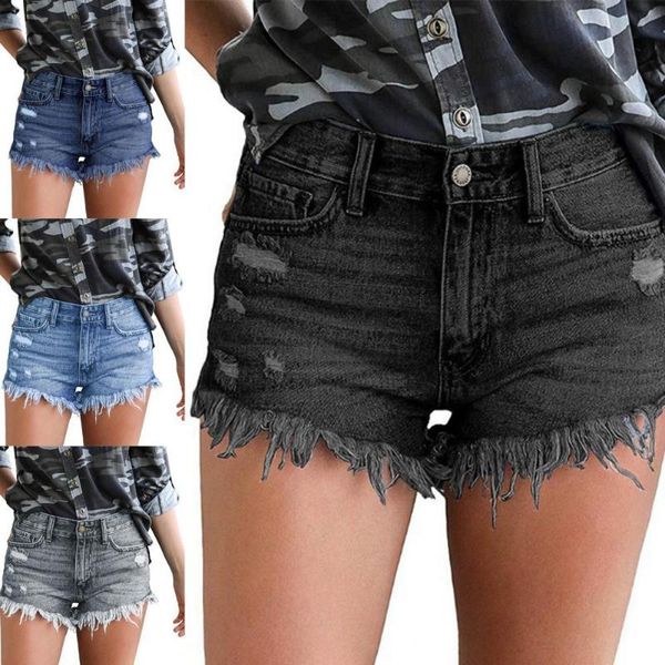 

women's shorts high waist women ripped hole all-matched single-breasted tassel denim streetwear, White;black