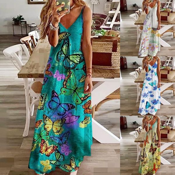 

casual dresses lady bohemian summer long dress women vestido floral butterfly print maxi boho beach pocket female robes, Black;gray