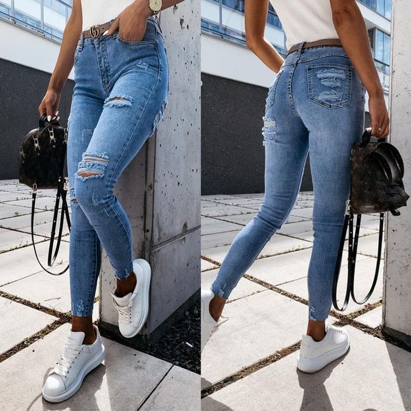 

women's jeans autumn and winter slim-fit small feet pencil trousers high waist ripped clothing, Blue