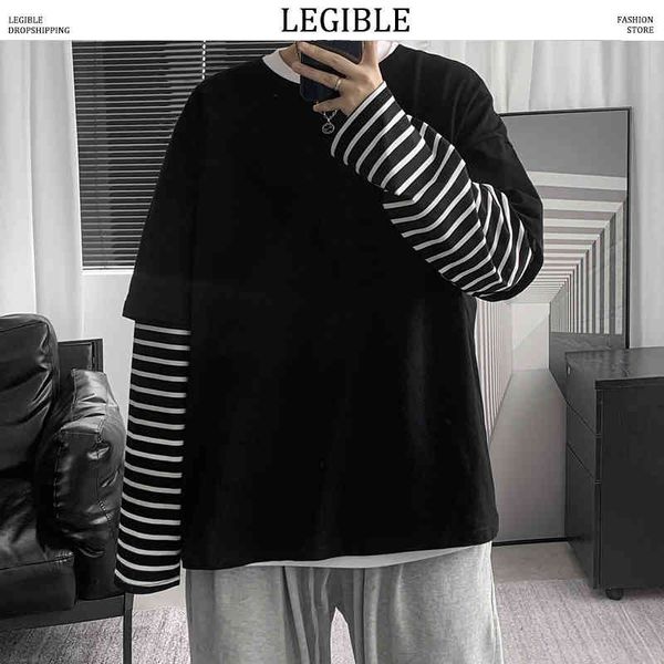 

men's t-shirts hip hop long sleeve -shirts o-neck striped patchwork shirt fashion casual comfortable shirts spring autumn 6h7s, White;black
