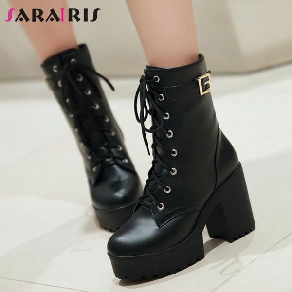 

boots sarairis shoes lace buckle solid women 2021 platform fashion classic ladies brand ankle, Black