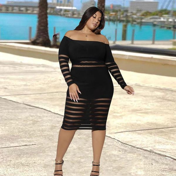 

plus size dresses long sleeve women transparent mesh dress slash neck off shoulder black bodycon wholesale drop