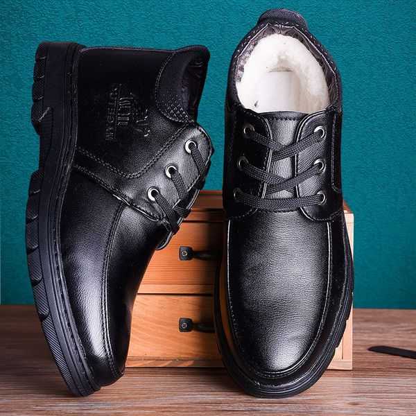 

winter cotton shoes men's middle-aged and elderly casual leather plush thickened warm cold proof father's, Black