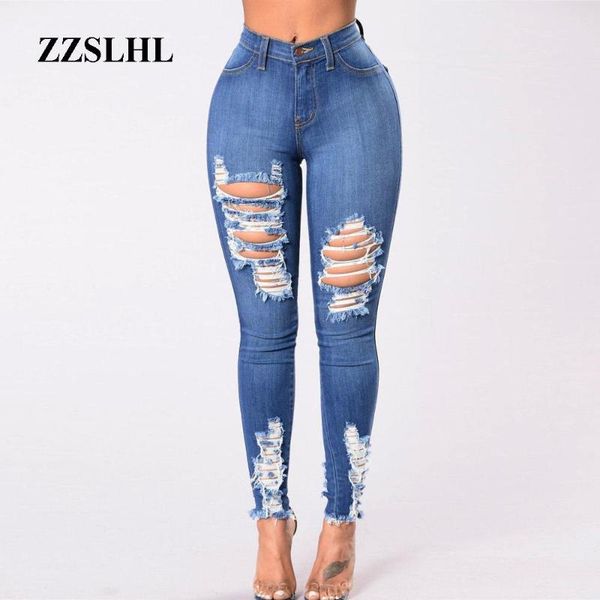 

women's jeans fashion women solid denim hole female high waist stretch slim pencil pants 2021, Blue