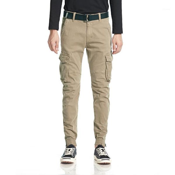 

men's pants 2021 multi pocket overalls pure cotton elastic casual male, Black