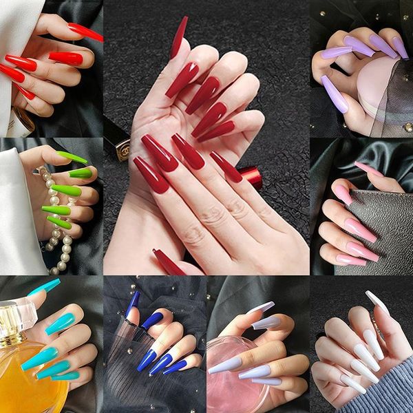 

false nails 24pcs carton packaging with nail glue solid color shiny and matte finished manicure extra long coffin ballet, Red;gold